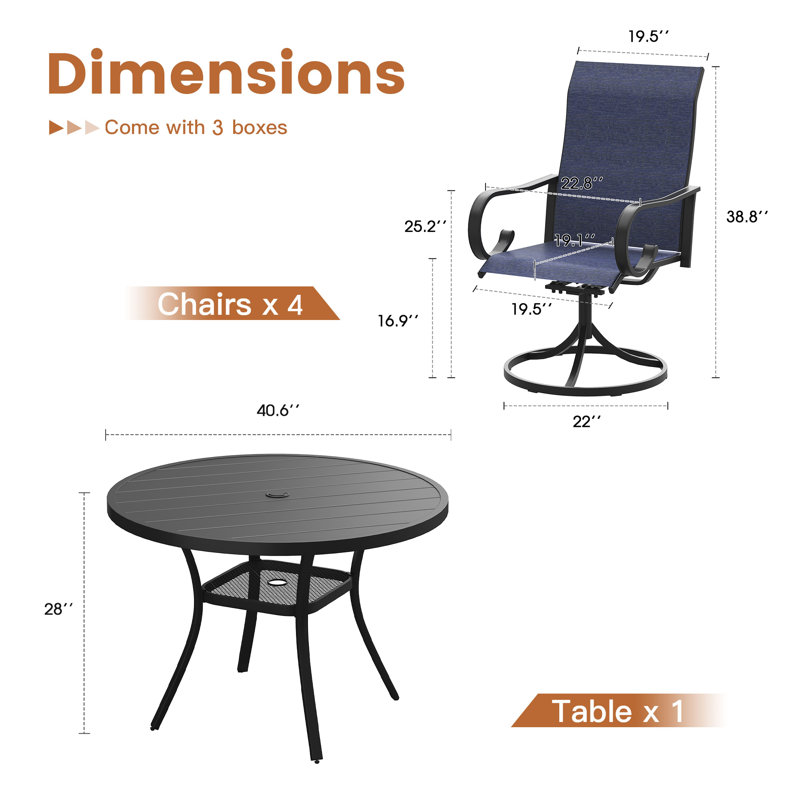 Ensemble de salle à manger d'extérieur rond avec table de salle à manger 40,6 po Belmont, Noir / Bleu