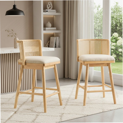 Talia Indoor Upholstered Wooden Counter Stool, Bar Chair, Natural Finish Frame With Beige Upholstery, Set Of 2