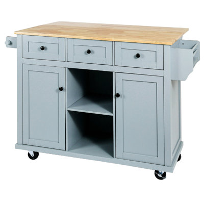 Chariot de cuisine à abattants avec 5 roulettes, 3 tiroirs, gris et bleu pour une organisation familiale compacte