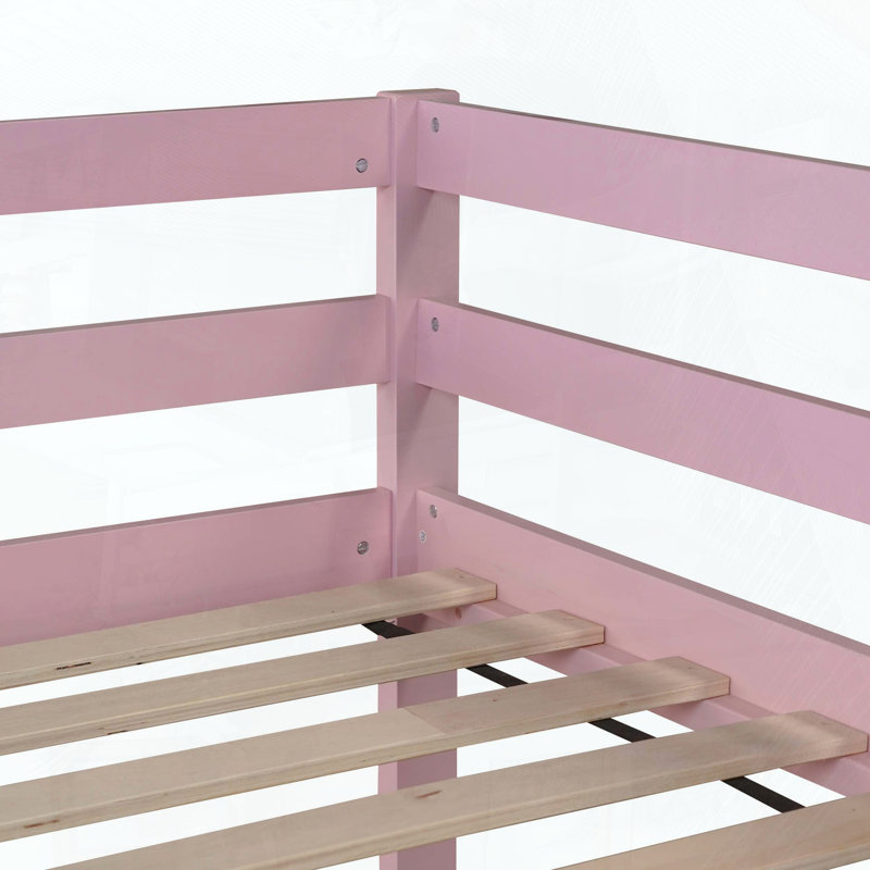 Twin Over Twin Rubber Wood Floor Bunk Bed with Ladder (Upper Slats Only), Pink