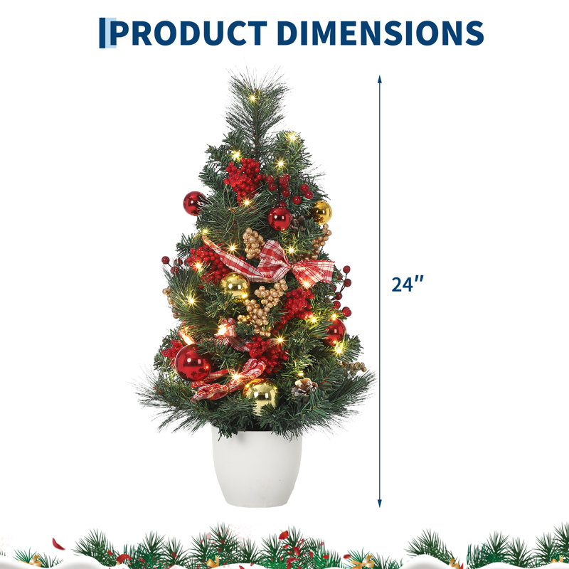 Sapin de Noël illuminé en PVC de 61 cm (24 po) avec 30 lumières DEL, minuterie à 8 fonctions, baies rouges et ruban de satin – Décoration festive de table pour bureau ou foyer – Sapin de 61 cm (24 po) avec 30 lumières à 8 fonctions et minuterie