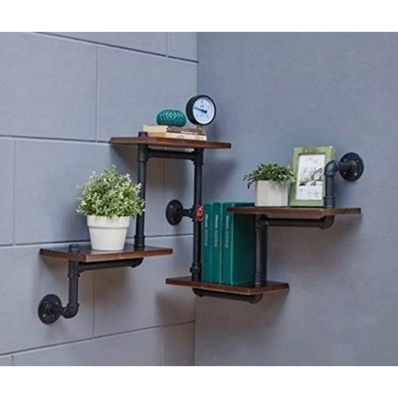 Brown Industrial Rustic Wood Ladder Pipe Wall Shelf