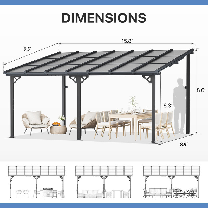16 Ft. W x 10 Ft. D Outdoor Metal Pergola with Sloped Roof Patio Gazebo for Backyard, Deck, 16 Ft. W x 10 Ft. D