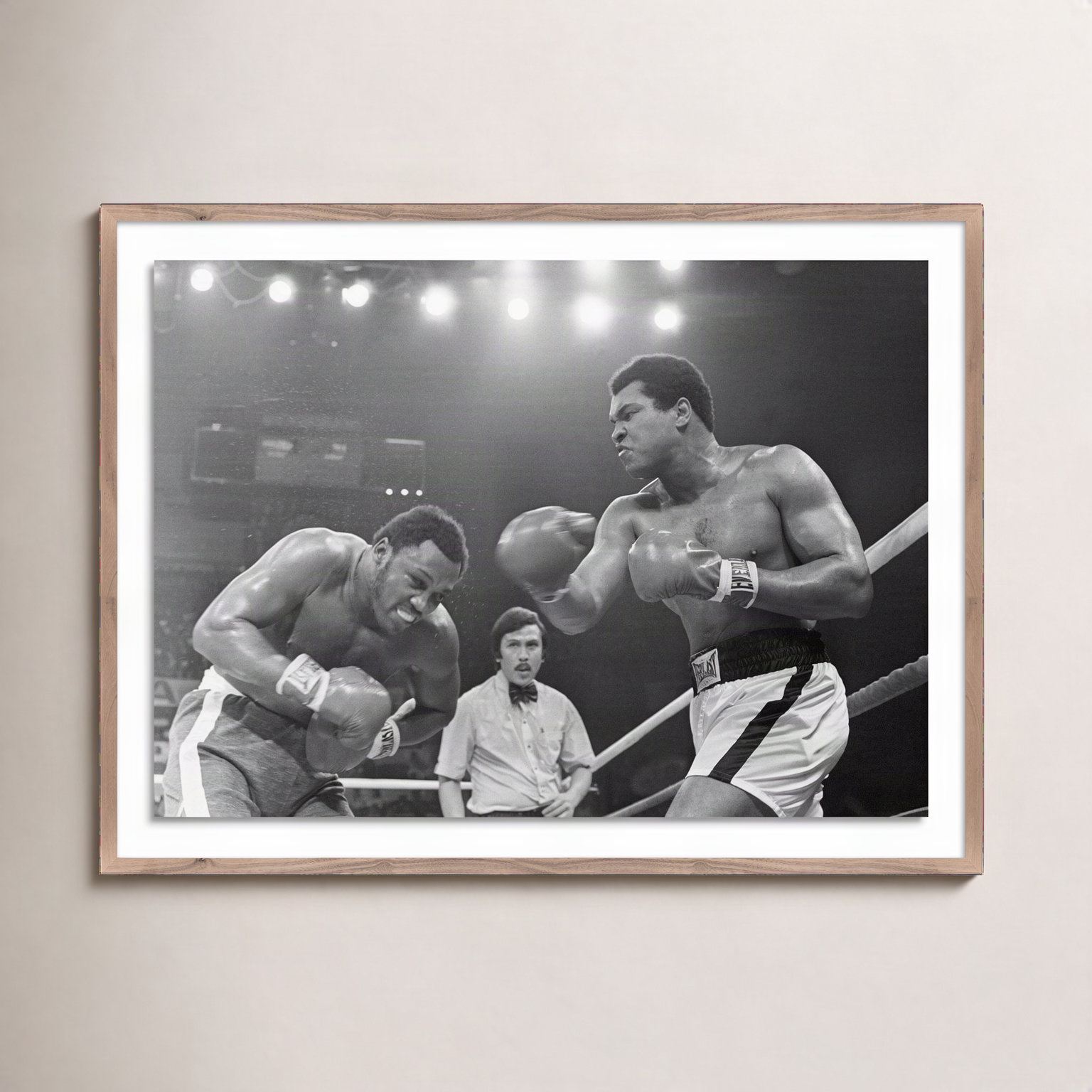 Adom "Muhammad Ali Punching Joe Frazier" Print, Rustic Walnut Framed, 18" H x 24" W