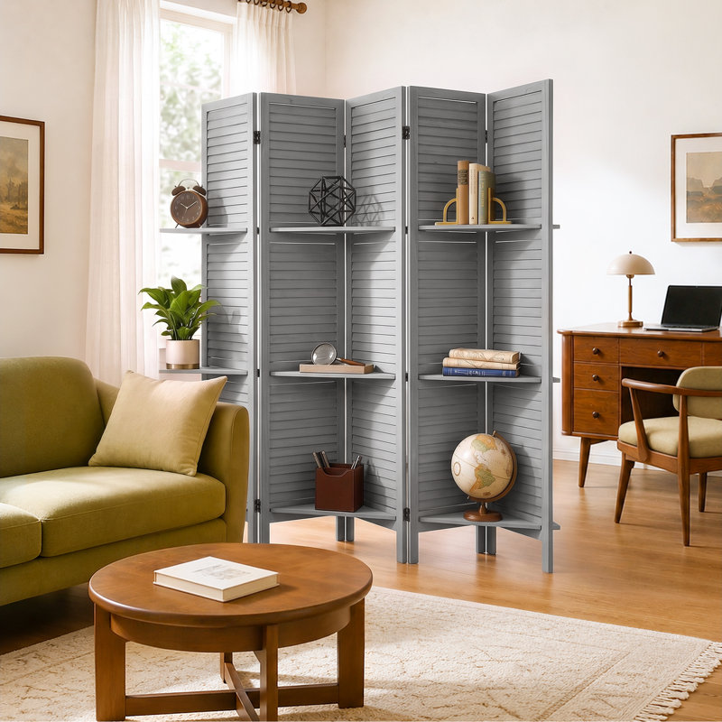 Paravent double face avec tablettes pour la séparation des pièces, 5, L 79 po x H 67 po, gris