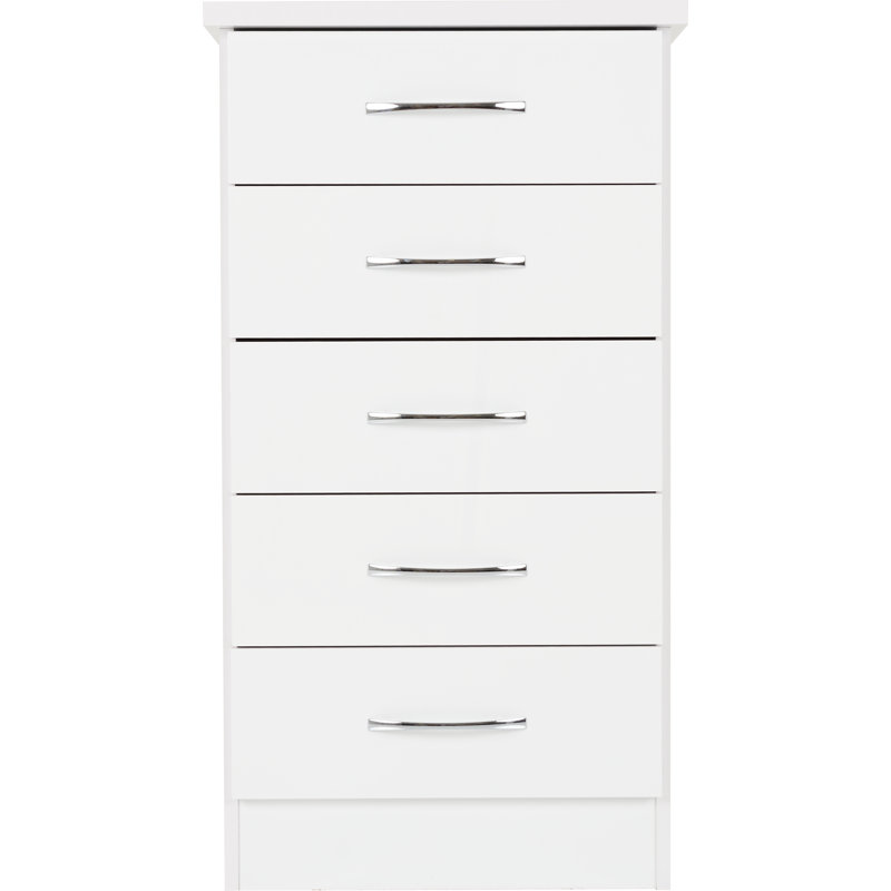 Nevada 5 Drawer Narrow Chest, White Gloss