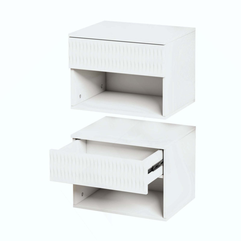 Ensemble de 2 tables de chevet avec armoire murale élégante - tiroir anti-poussière + zone ouverte, rails à 3 niveaux, conception sculptée, anti-vacillement, bricolage, multi-scène