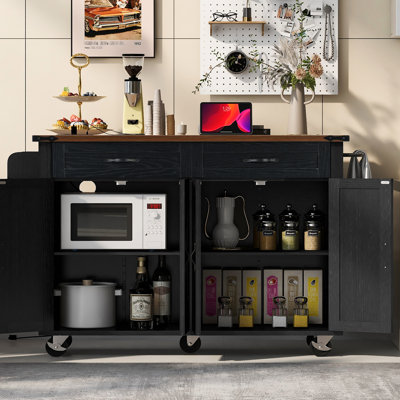 Grand îlot de cuisine rectangulaire de 53,5 po avec station de charge intégrée, abattant pliable, 4 portes, 2 tiroirs et 5 roues universelles, prise de courant de style finition bois brun noir, support à épices,