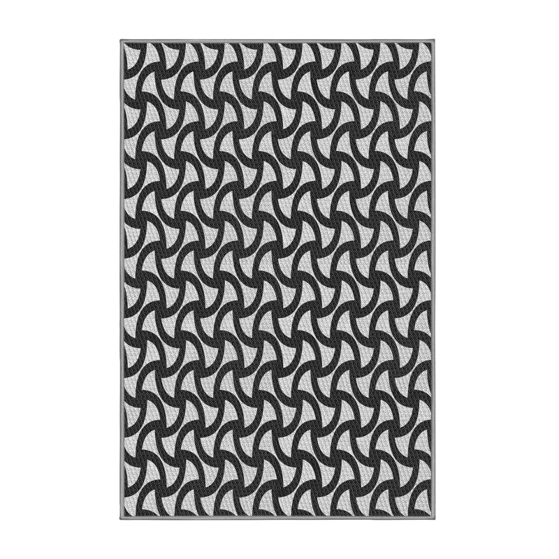 Tapis abstrait en laine et polyester tissé à la machine à motif abstrait noir et blanc, Rectangle 6 pi x 9 pi