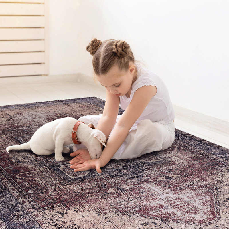 Tapis 3 x 5, lavable, antidérapant, pliable, sans perte de poils et pour animaux de compagnie pour la chambre à coucher, le salon, la salle à manger - bourgogne lavable à poils courts, cuisine pliable, pièce