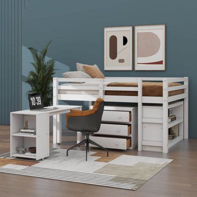 Full Loft Bed With Low Study Cabinet, Comes With Shelves And A Movable Rolling Desk, Providing Versatile Functions