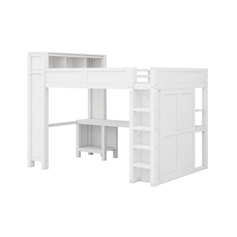 Grand lit mezzanine avec garde-robe et bureau, tête de lit avec rangement et port USB, Blanc