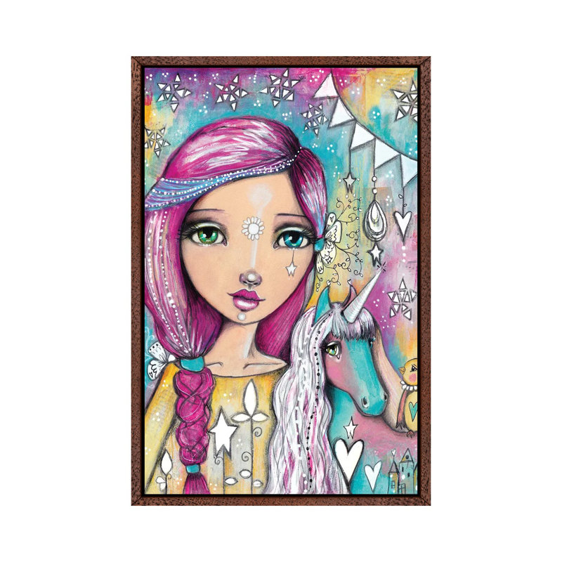Unicorn Girl by Tamara Laporte - Print on Canvas, 66.04 cm H x 45.72 cm W, Classic Brown Wood Framed