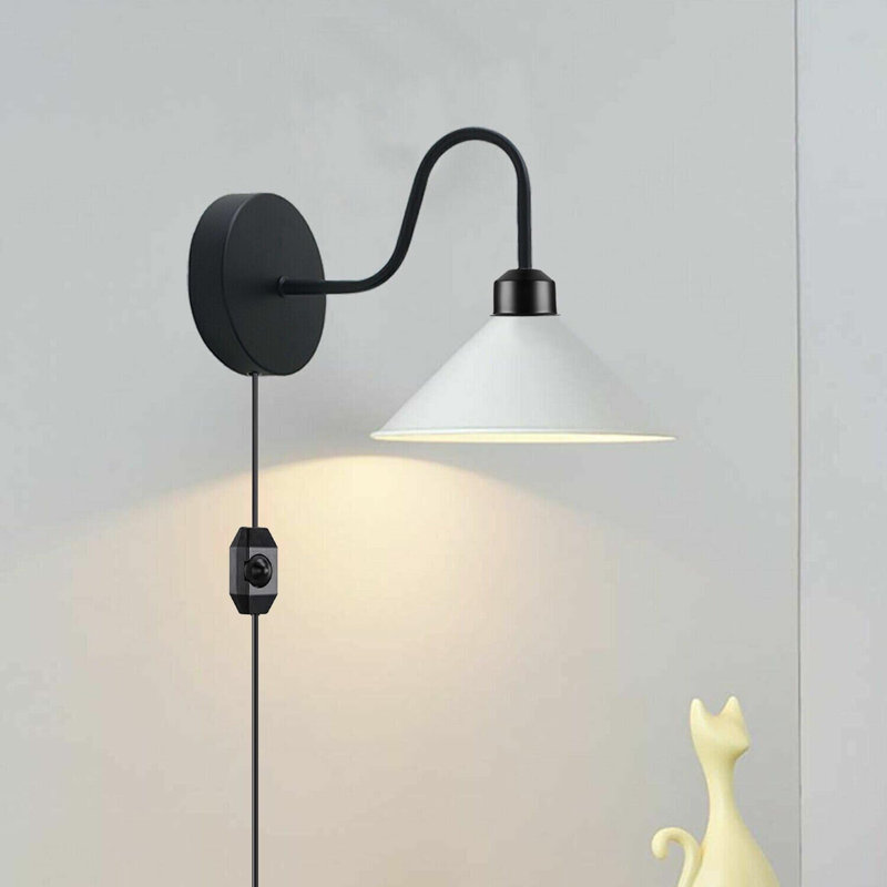 Industrial Modern Anayaa Plug-In Wall Sconce – Metal Cone Shade with Cord Dimmer for Easy Mounting, White