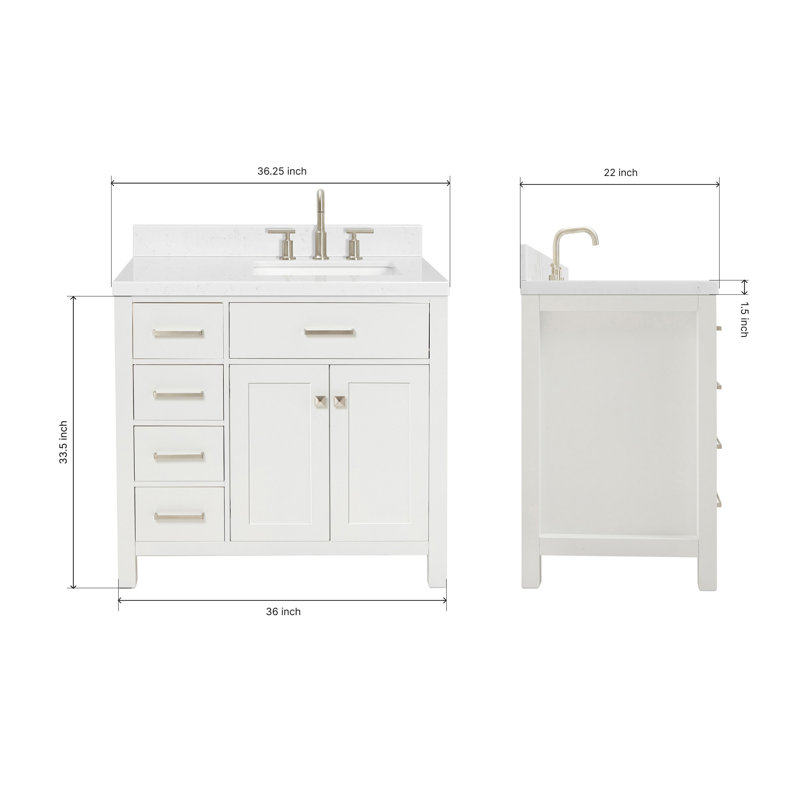 8_ARIEL Bristol 42 Single Sink Bathroom Vanity with Carrara White Quartz, 36", White, Rectangle