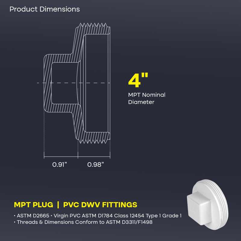 Bouchon de nettoyage en PVC blanc 4 po 4 po, embout fileté mâle (MPT) pour les systèmes de drainage, d'évacuation et d'évacuation (paquet de 30)