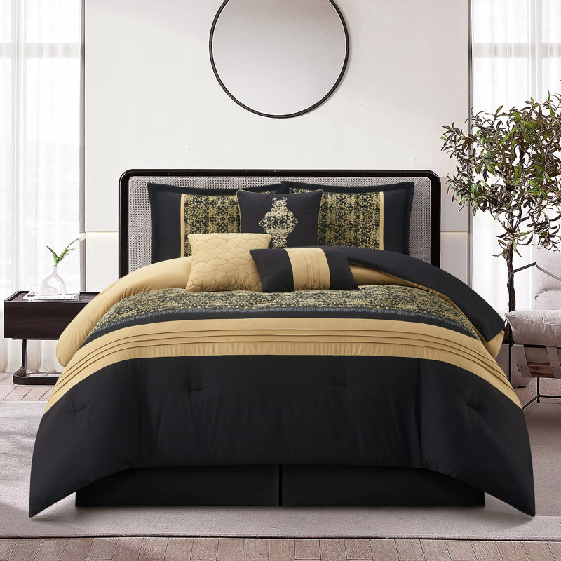 Ensemble d'édredon en microfibre 7 pièces Charley, Édredon de très grande taille et 6 pièces suppl, Noir et or
