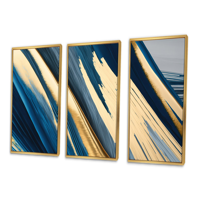 «Bold Blue Brush Strokes I», reproduction de cadre flottant sur toile 3 pièces, H 28 po x l 36 po x P 1 po, Or