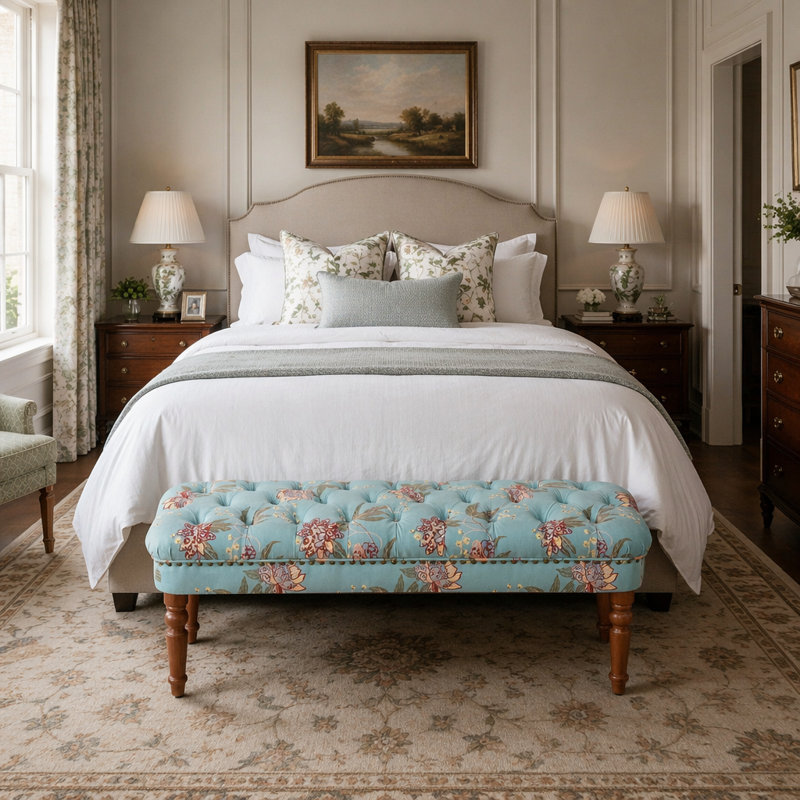 Banc capitonné de style européen avec pieds tournés en bois, repose-pieds rembourré américain pour chambre à coucher et espace de vie principal