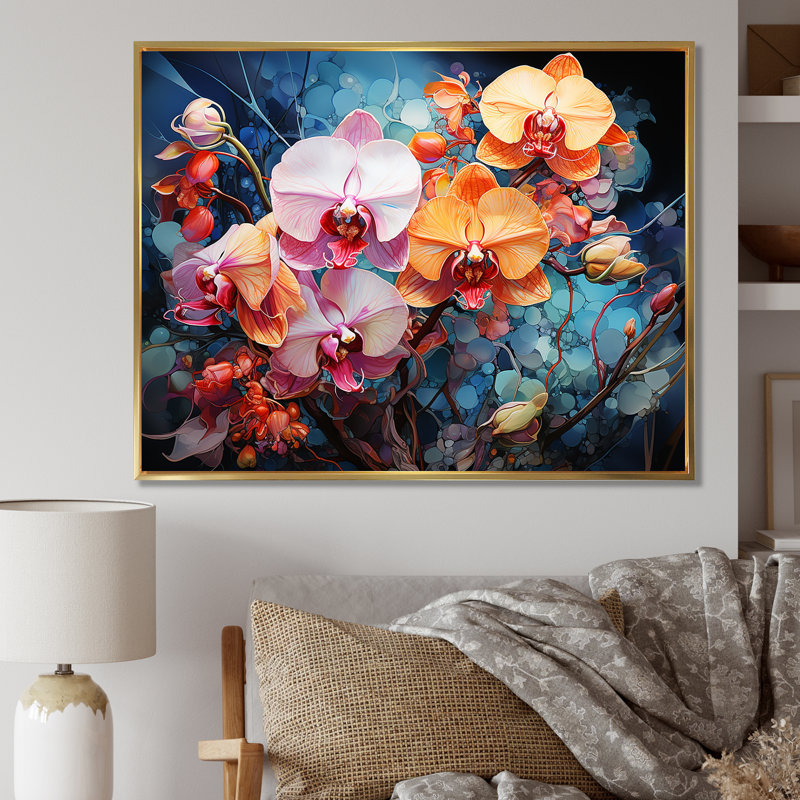 Impression d'orchidées roses et oranges sauvages sur toile, Cadre flottant doré, H 24 po x l 32 po
