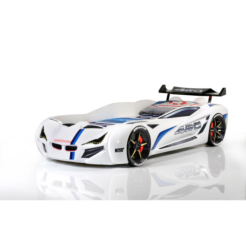 MVN1 FULLTIME Race Car Bed with LED Lights and Sound FX, Unique Children Bed, Kids Bedroom Furniture, White