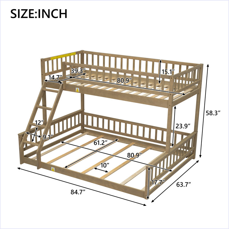 Bunk Bed With Ladder And Guardrails, Walnut, Twin XL Over Queen