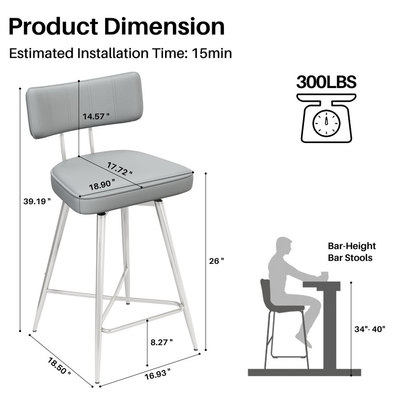 Corrigan Studio® 26 inch Swivel Counter Stools, Light Gray/Silver Frame, 2