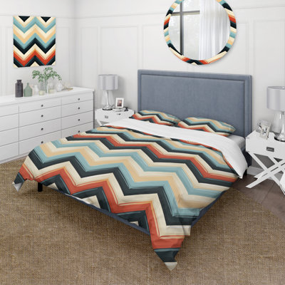 Ensemble de housse de couette en microfibre rouge / beige / bleu Retro Revival Chevron