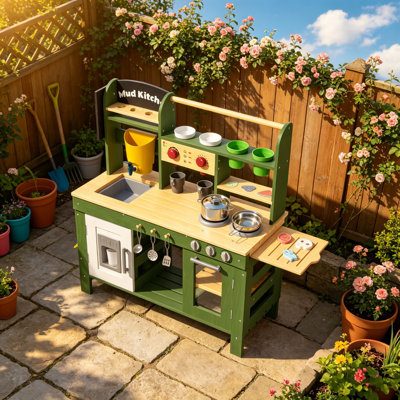 Kids Wooden Mud Kitchen Outdoor, Play Kitchen With Grill, Oven, Coffee Maker & Ice Maker, Water Tank Sink Set, Large Backyard Playset With Accessories For Toddlers & Kids