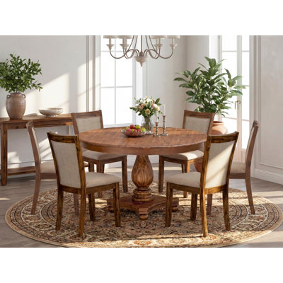 Cet ensemble de salle à manger en bois 7 pièces comprend une table à piédestal et 6 chaises Parson en lin brun clair avec dossier rembourré - Noyer antique