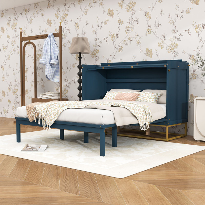 Grand lit escamotable en bois avec lattes, Bleu