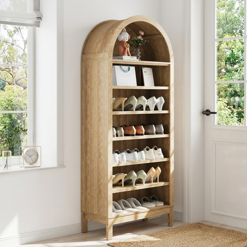 71 In Tall Arched Shoe Storage Cabinet for Entryway, 7 Tier Wood Shoe Organizer with Adjustable Shelves, Modern Display Cabinet for Hallway Living Room Bedroom, Oak