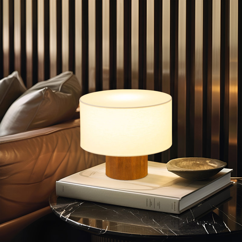 Oliver 10" Mid-Century Modern LED Table Lamp With Brown Wooden Base And Cream Fabric Shade