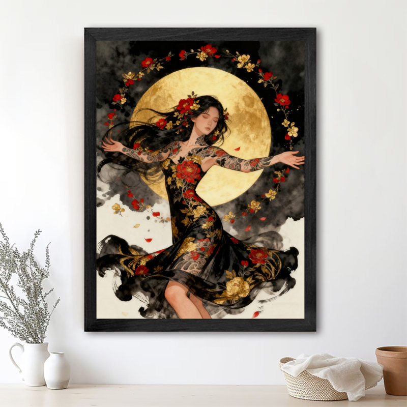 Reproduction d'art encadrée noire rétro japonaise, geisha, H 11 po x l 9 po