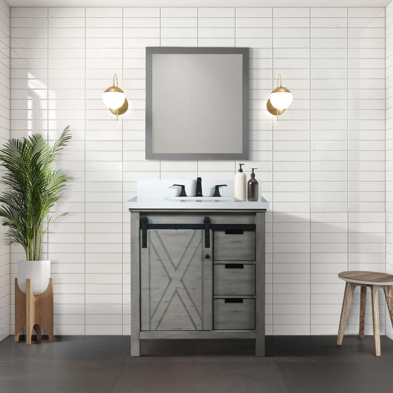 Meuble-lavabo brun rustique 30 po X P 22 po , Comptoir en quartz blanc, ensemble de robinets Miroir, Gris clair, Blanc