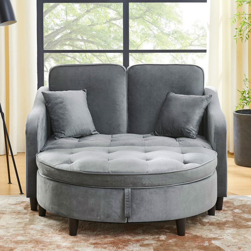 Canapé à deux places avec repose-pieds incurvé de rangement et charge USB, dossier réglable et poches latérales, livré avec deux petits coussins décoratifs, adapté au salon