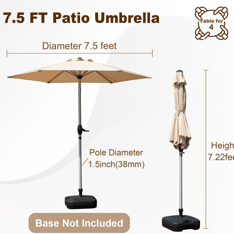 Parasol extérieur de 2,3 m (7,5 pi) - Beige, tissu imperméable, 6 baleines, idéal pour terrasse, jardin, patio, piscine. Protection anti-inclinaison, imperméable et robuste. Couleur beige.
