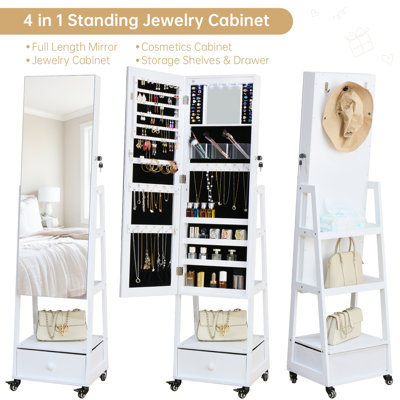 Armoire à bijoux avec miroir sur pied, miroir pleine grandeur avec rangement pour bijoux avec écran tactile et miroir de meuble-lavabo