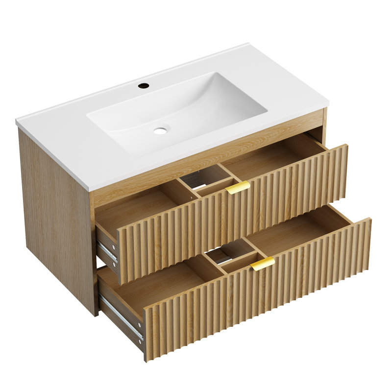 Meuble-lavabo autoportant à un lavabo de 90 cm avec comptoir beige en SMC, OAK, 35.4"