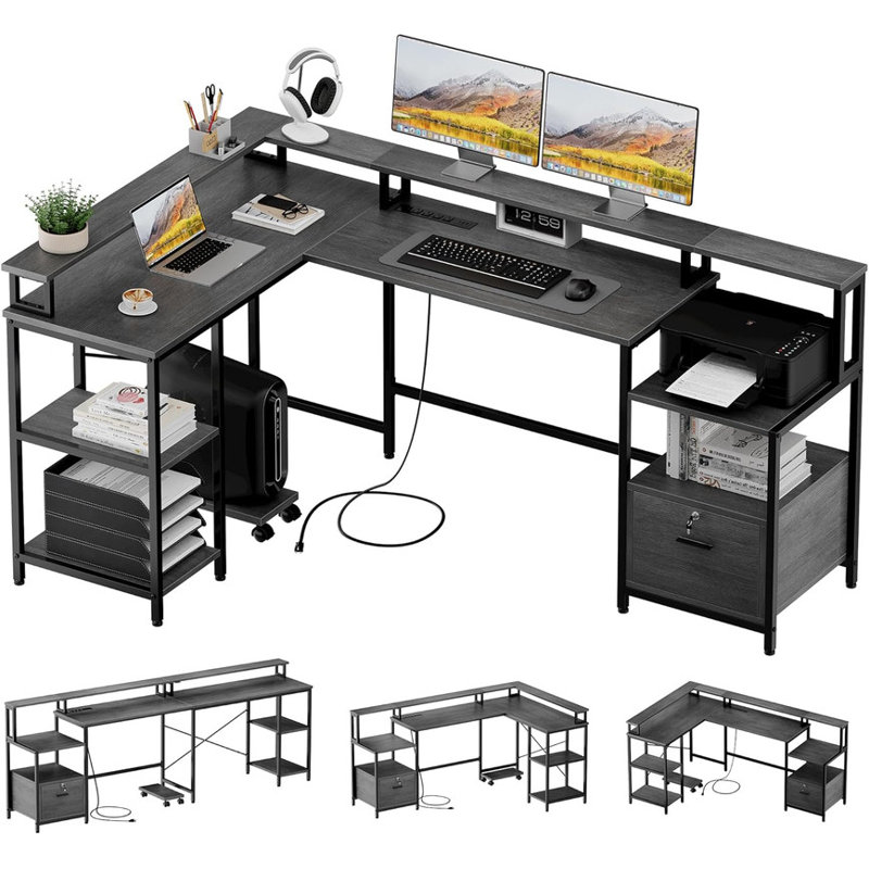 Bureau en L 76 po avec prises de courant et tablettes, bureau d'ordinateur de coin réversible pour bureau personnel