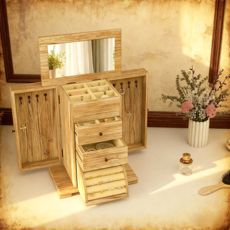 Organisateur de bijoux avec miroir et boîte à bijoux en bois à 2 tiroirs pour bagues et colliers