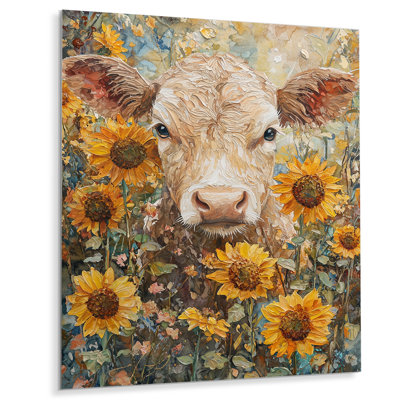 Peinture de vache avec tournesols II - reproduction métallique de vache