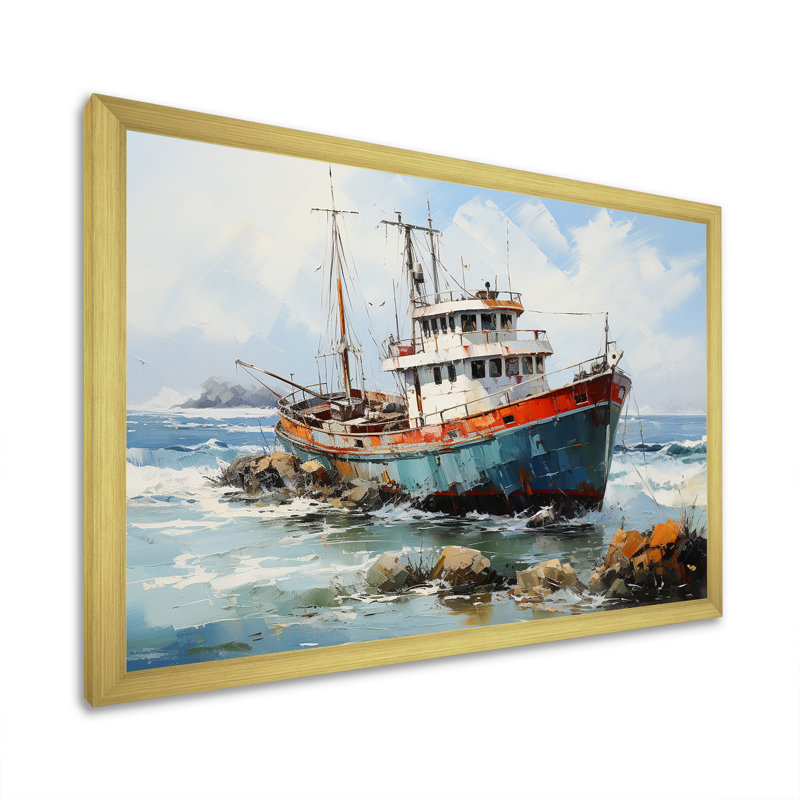 Nautique, bateau, pêche, aventure - Bateau côtier, art mural, Cadre doré à coins fermés, H 24 po x l 32 po x P 1 po