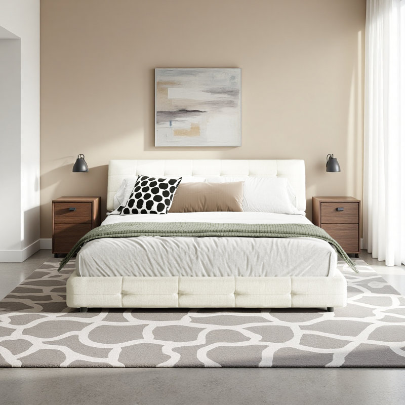 Structure de lit, tête de lit capitonnée avec un coussin extra-large, lit plateforme en chenille avec support double en lattes de métal et de bois, solide et stable, silencieux