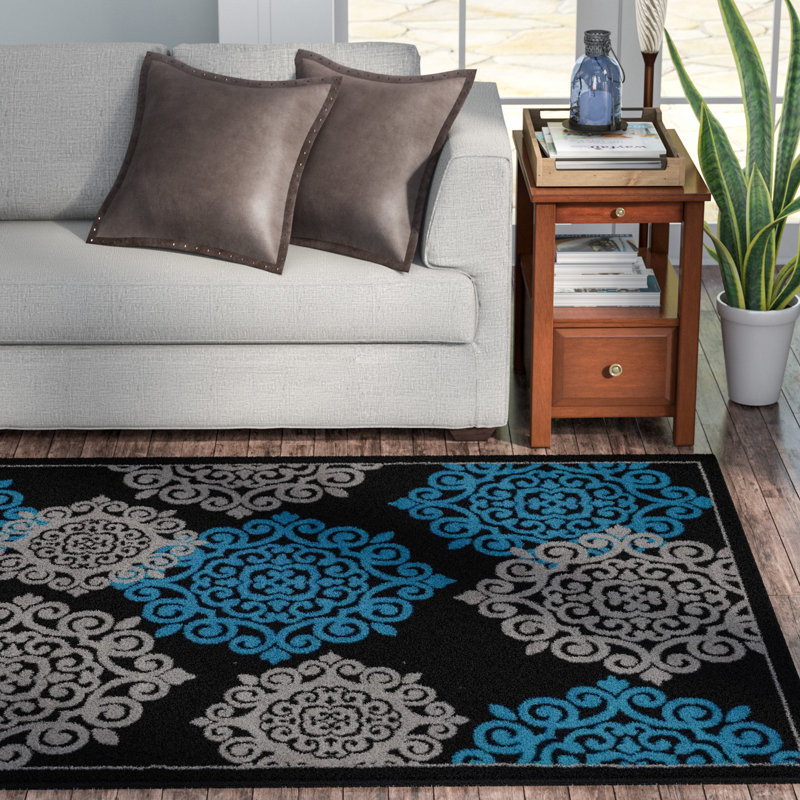 Tapis intérieur/extérieur turquoise / noir à motif ikat Blocher, 6' x 9'