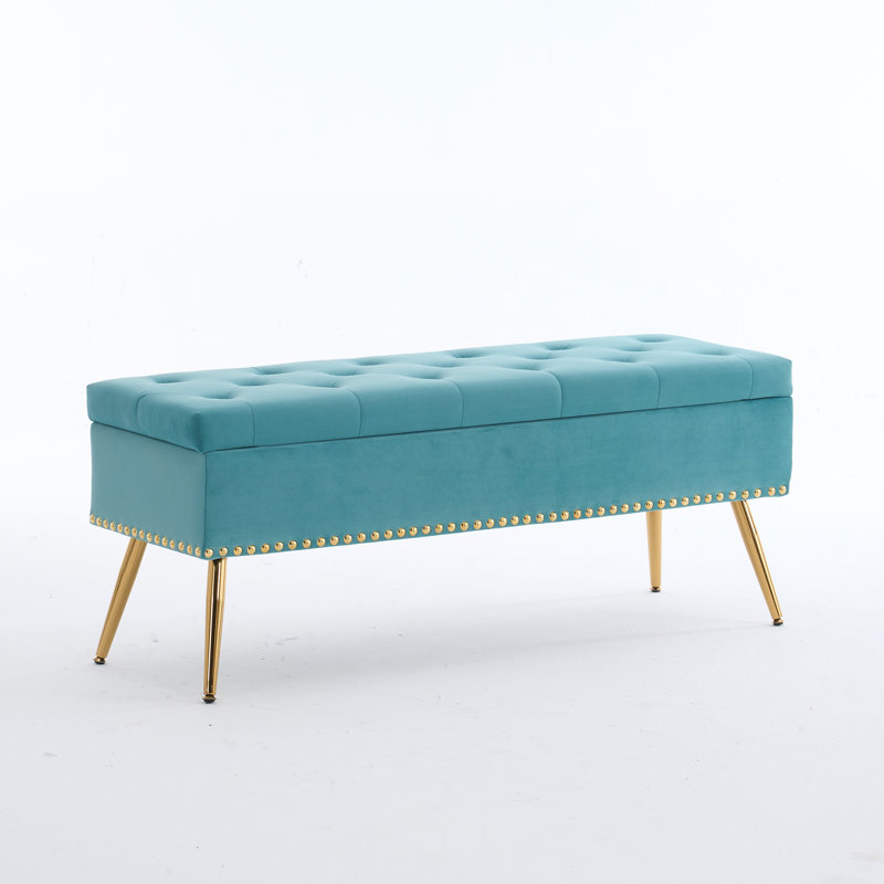 Velvet Storage Ottoman Bench Modern Bedroom End of Bed Bench with Gold Legs, Sage, 18" H x 46" W x 15.5" D