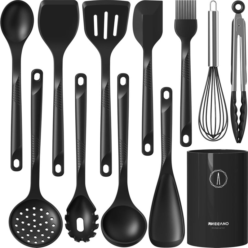 Ensemble d'ustensiles de cuisine en silicone - Résistant à la chaleur 600 ° F, ustensiles de cuisine antiadhésifs avec noyau en acier inoxydable, sans BPA, va au lave-vaisselle, noir