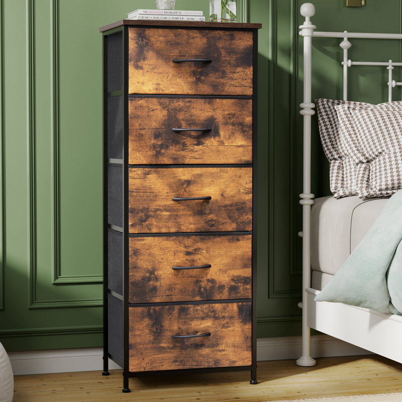 Annyka 5 Drawer Steel Dresser, Rustic Brown, Black/Rustic Brown