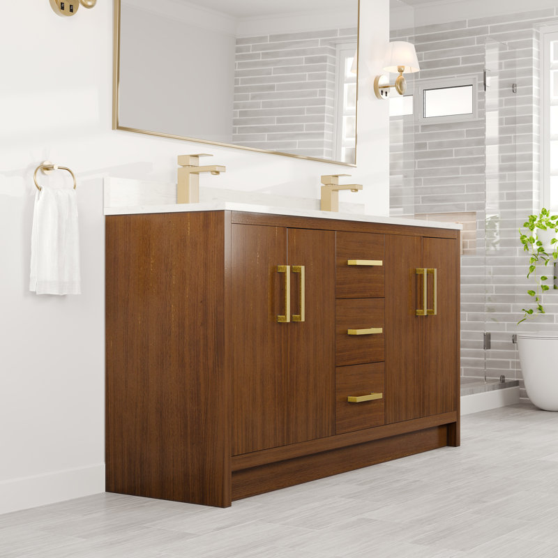 Meuble-lavabo double l 60 po x P 18 po Ilsa avec comptoir en quartz de Carrare blanc et lavabos en porcelaine encastrable