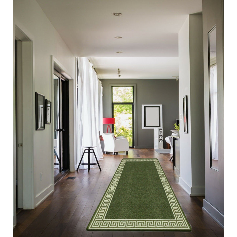 Plain Rug with Greek key Bordered Gel backed Rug Amyiah Green/Cream Rug, Rectangle 160 x 230cm